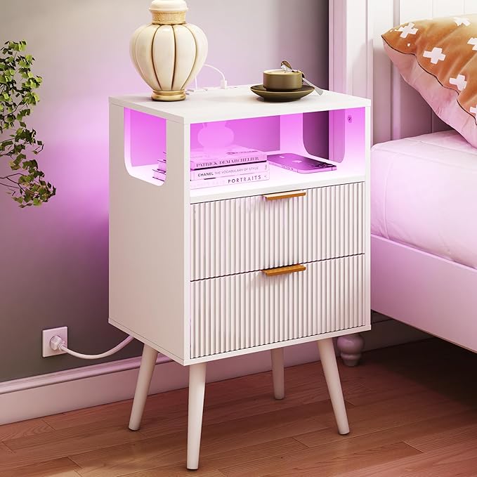 White Nightstand with Charging Station and LED Lights